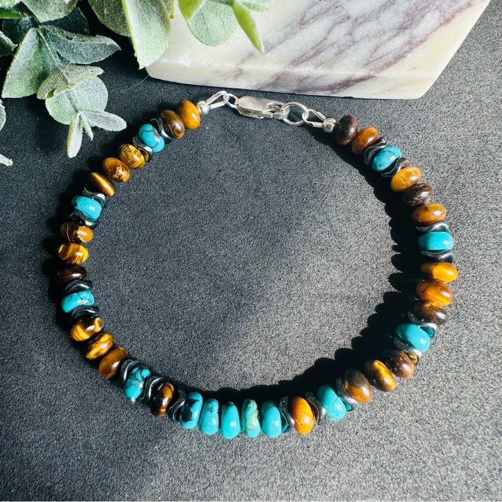 Turquoise and Brown Tigers eye Beaded Bracelet Sterling Silver - Picture 5 of 5